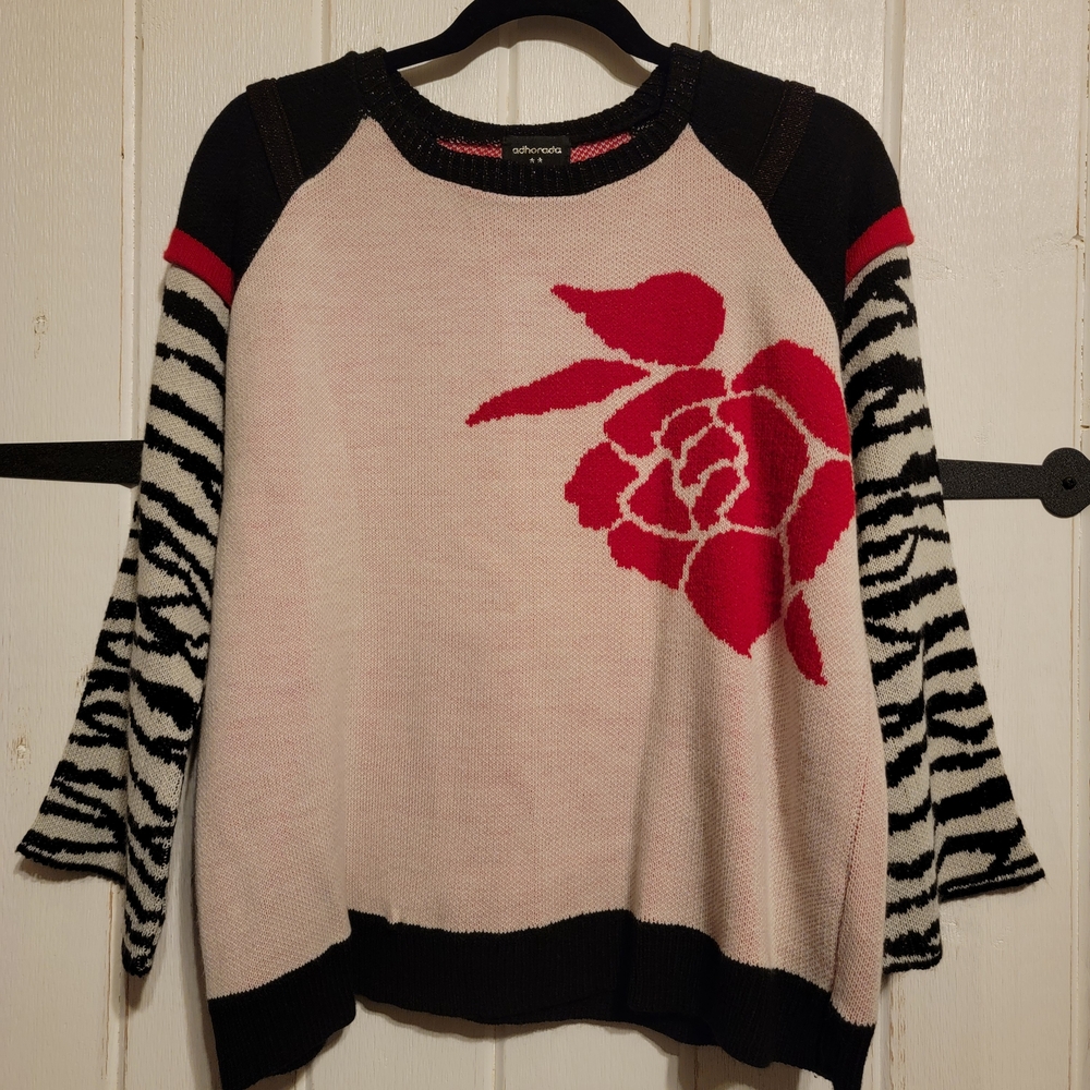 Adhorada Womens Sweater Black Red Rose Sweater Knit Long Sleeve Size Medium